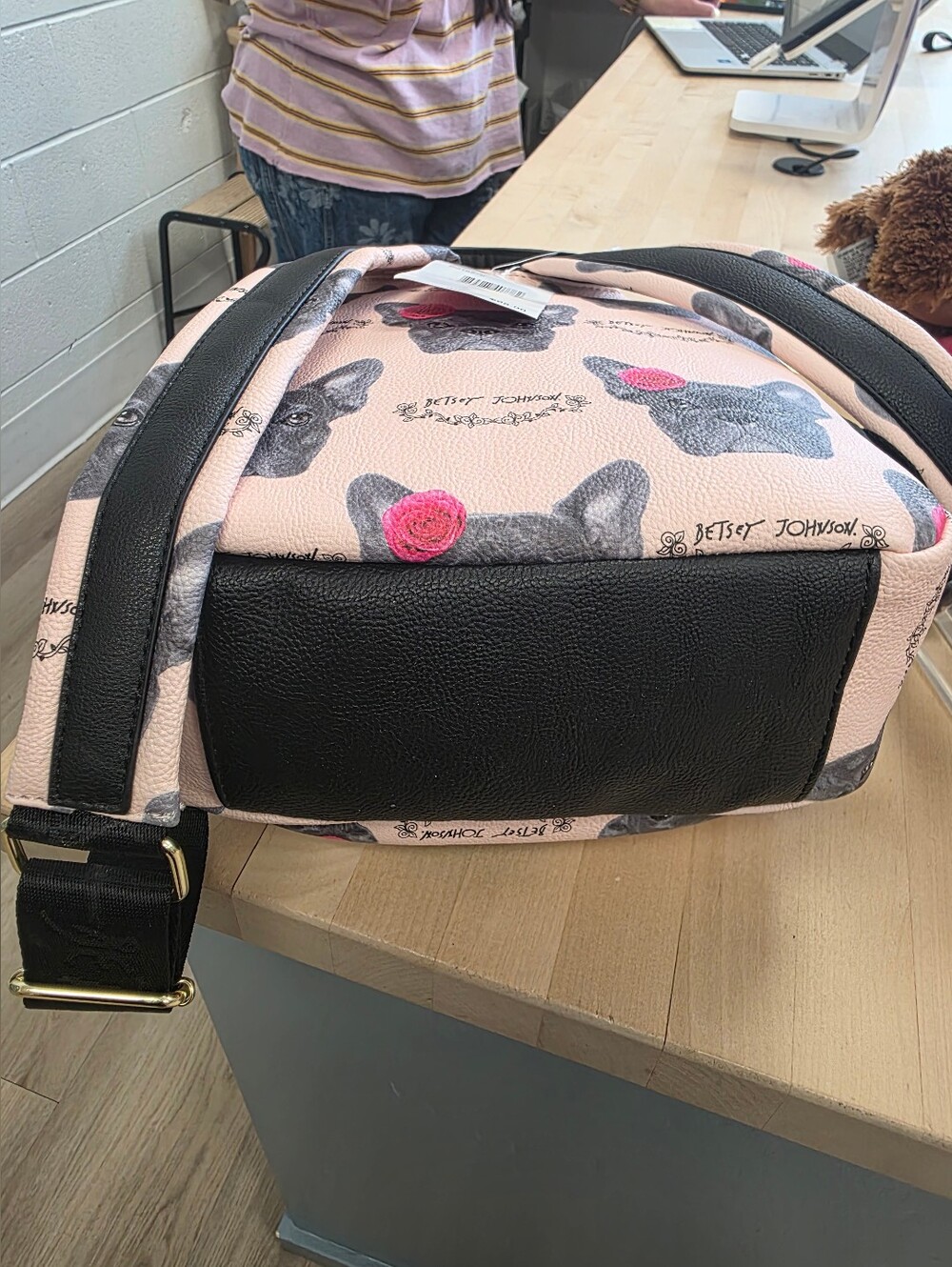 Betsey Johnson Pink French Bulldog Pattern Mini Backpack with Black Pom - Picture 5 of 10